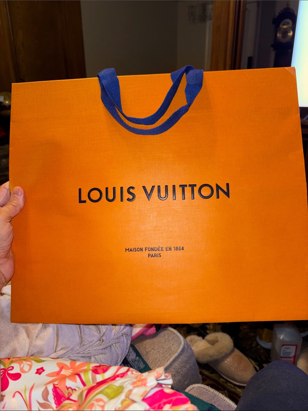 Louis Vuitton Orange Shopping Bag with Blue Ribbon Handles